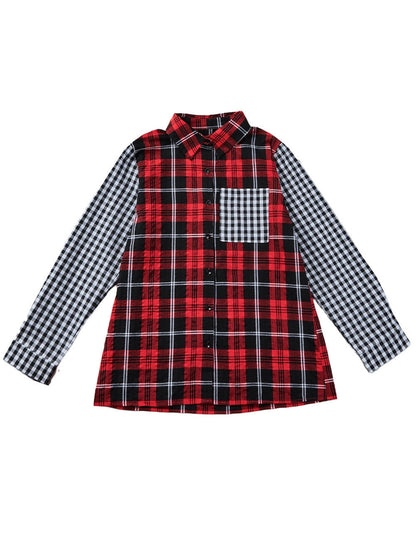 Fiery Red Buffalo Plaid Long Sleeve Shirt with Colorful Pockets