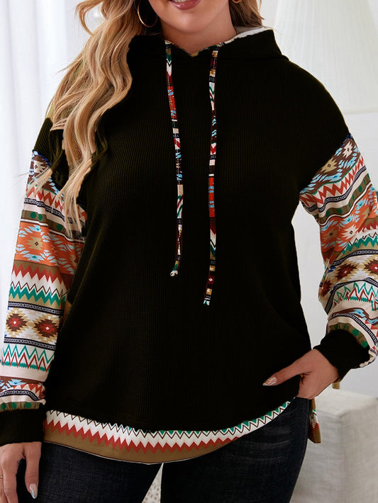 Black Aztec Patchwork Sleeve Waffle Drawstring Plus Hoodie