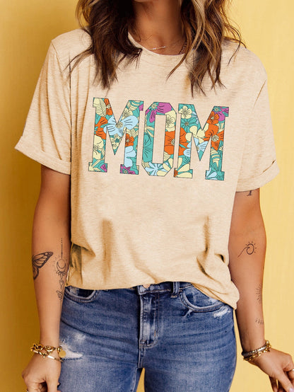 Khaki Floral "MOM" Print Crew Neck T-Shirt