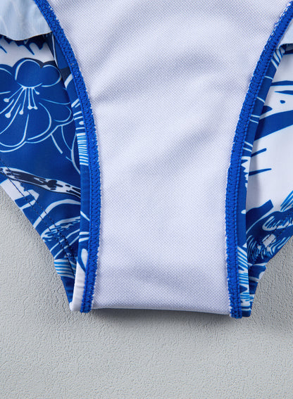 Floral White Bikini Set with Ruffled Bottom and Cover-Up