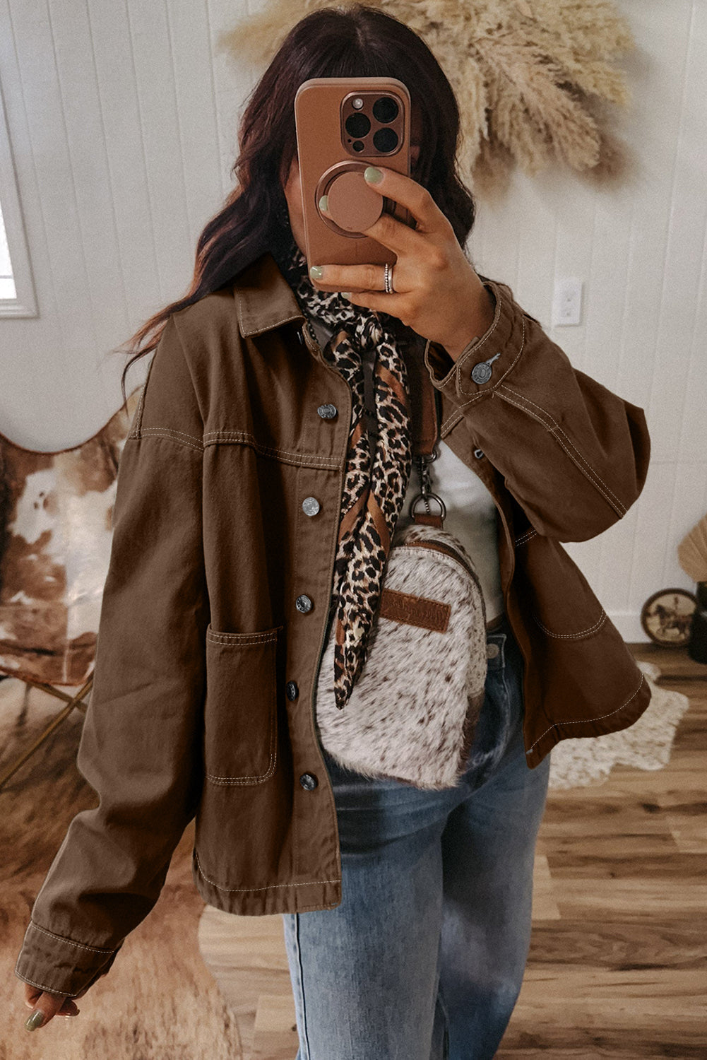 Coffee Patched Pocket Collared Button Front Boyfriend Denim Jacket