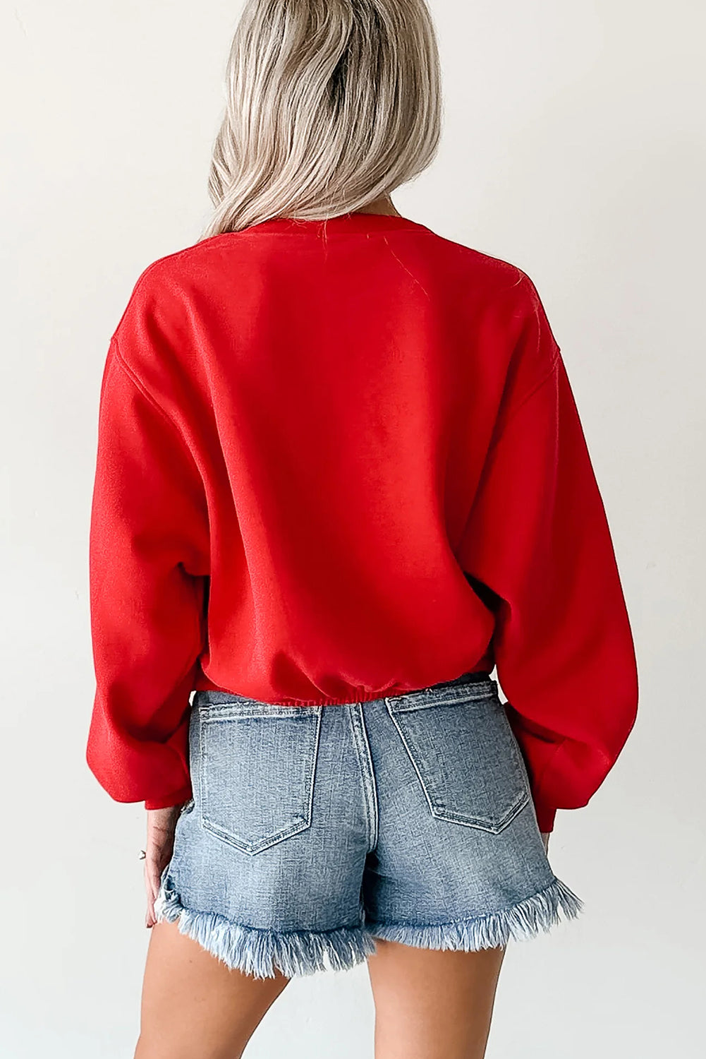 Fiery Red Cropped Elastic Hemline Drop Shoulder Solid Sweatshirt