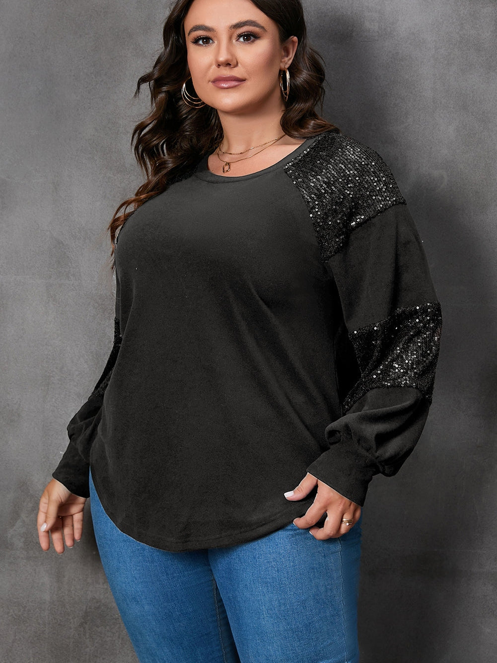 Sparkling Black Plus Size Sequin Patchwork Long Sleeve Top