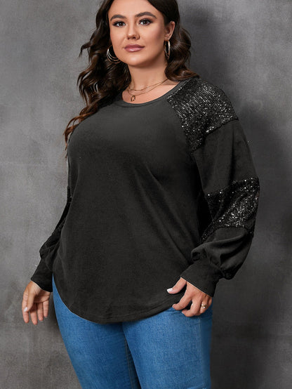 Sparkling Black Plus Size Sequin Patchwork Long Sleeve Top