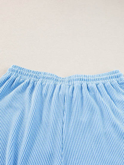 Light Blue Plus Size Ribbed Lounge Set with Long Sleeve Top and Drawstring Shorts
