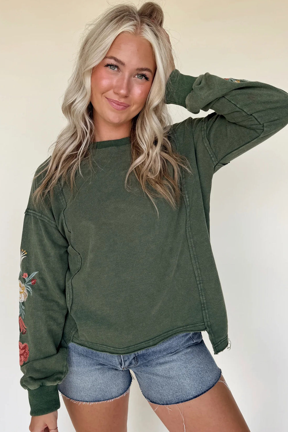 Mist Green Mineral Wash Drop Shoulder Floral Embroidered Sleeve Raw Edge Sweatshirt