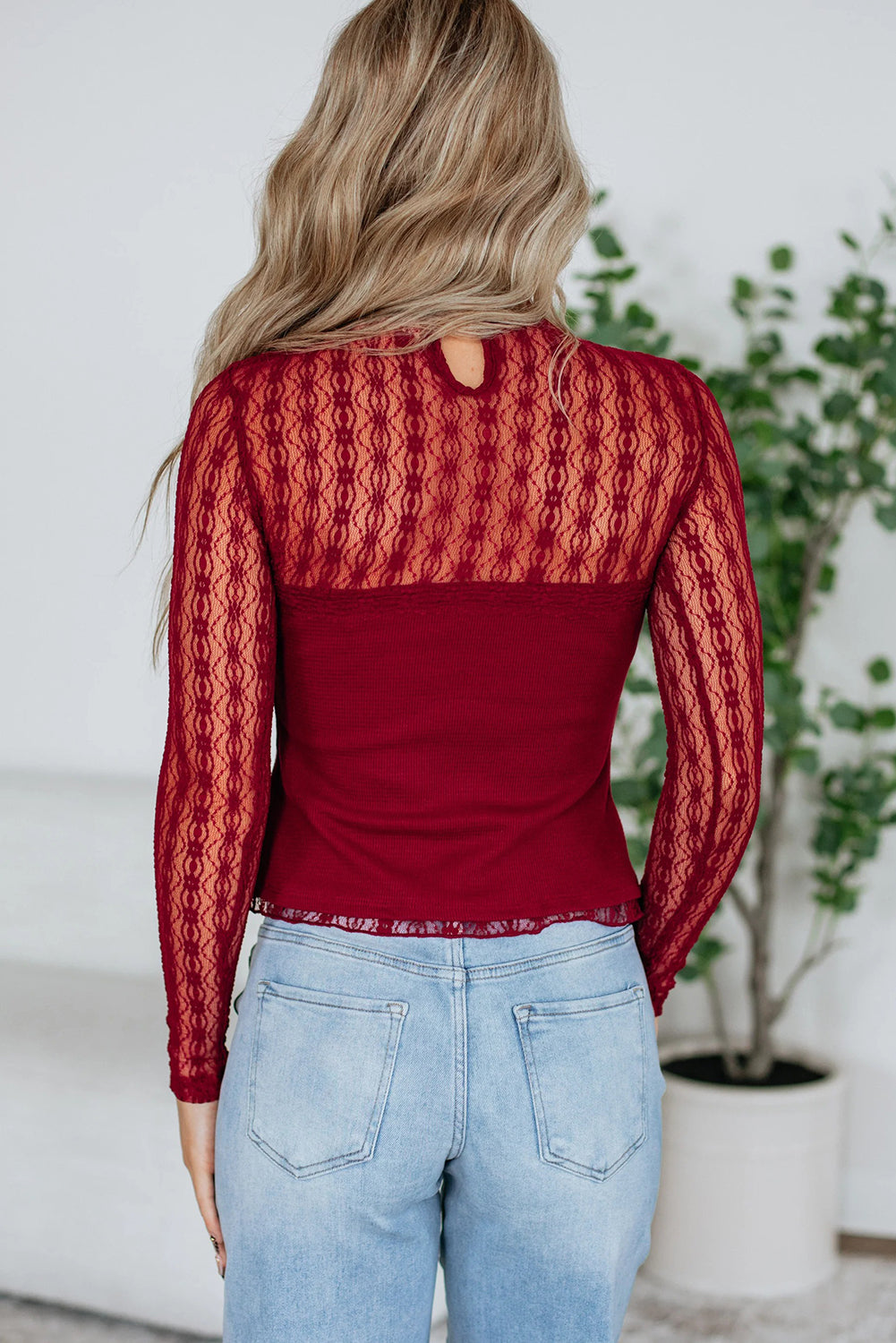 Red Dahlia Textured Knit Lace Patchwork Sheer Long Sleeve Top