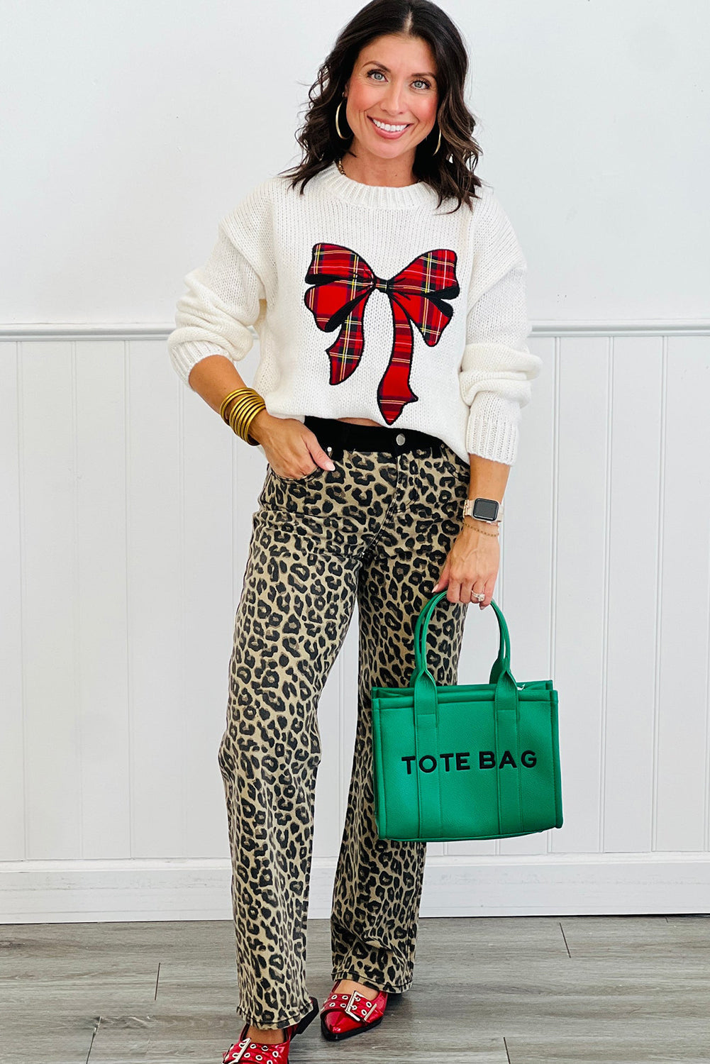 White Festive Plaid Bow Graphic Drop Shoulder Loose Sweater