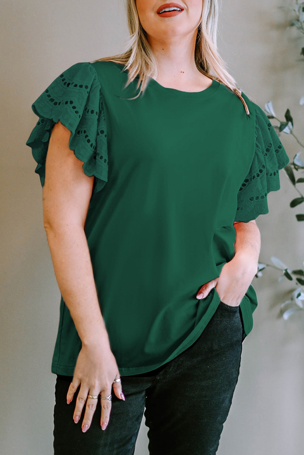 Green Eyelet Flutter Sleeve Plus Size Top
