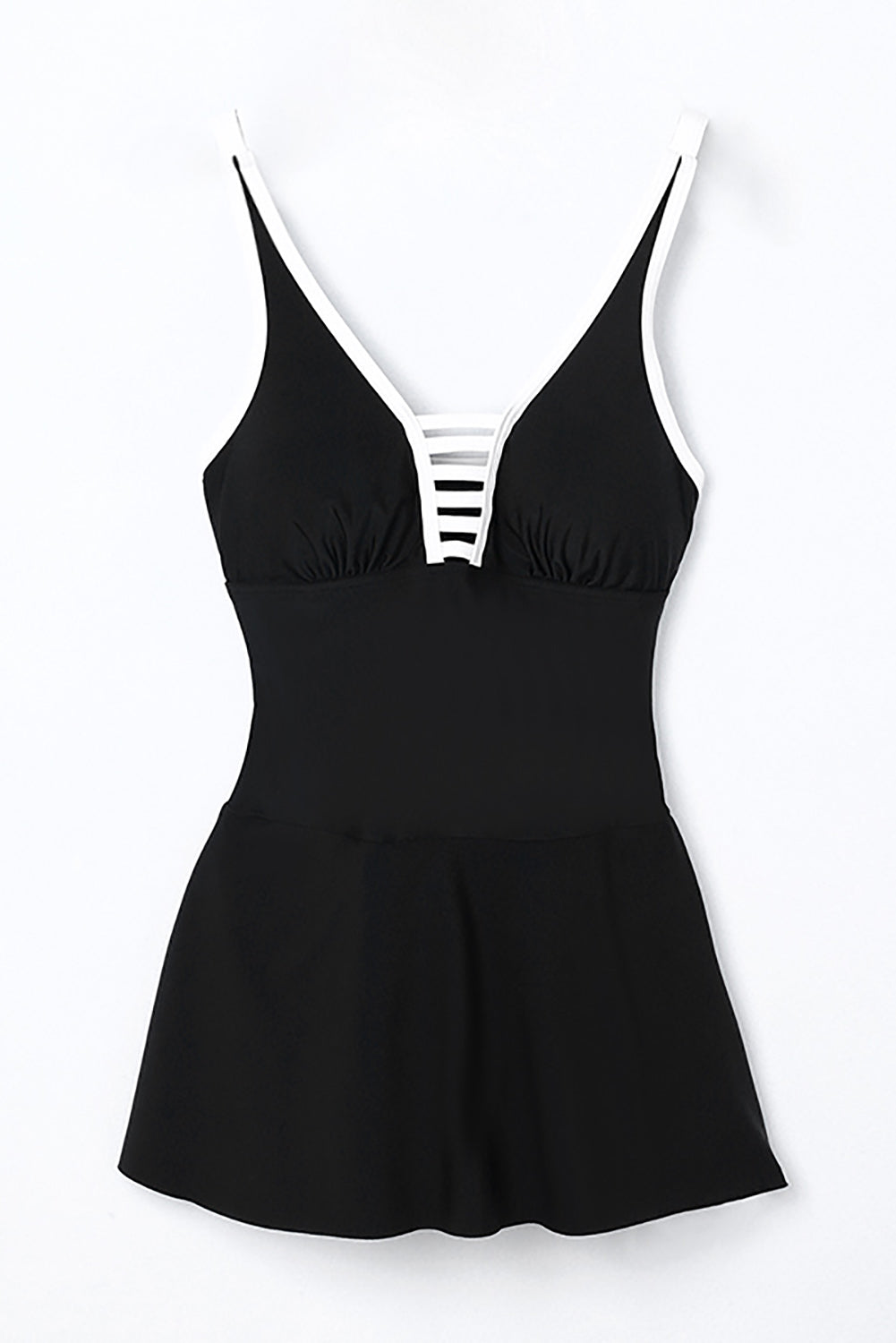 Strappy Black V Neck Swimdress with Side Slit