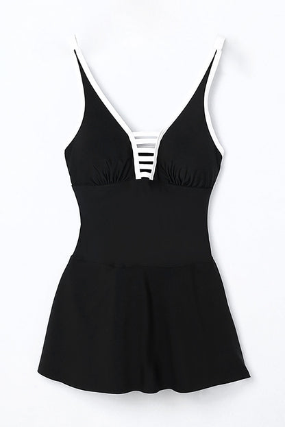 Strappy Black V Neck Swimdress with Side Slit