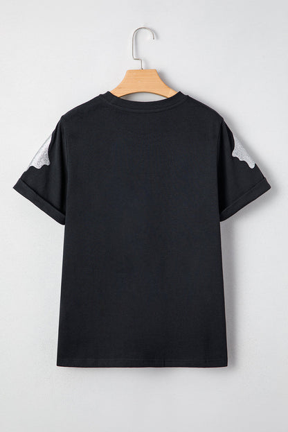 Black Glitter Ghost Pattern Crew Neck Halloween T Shirt