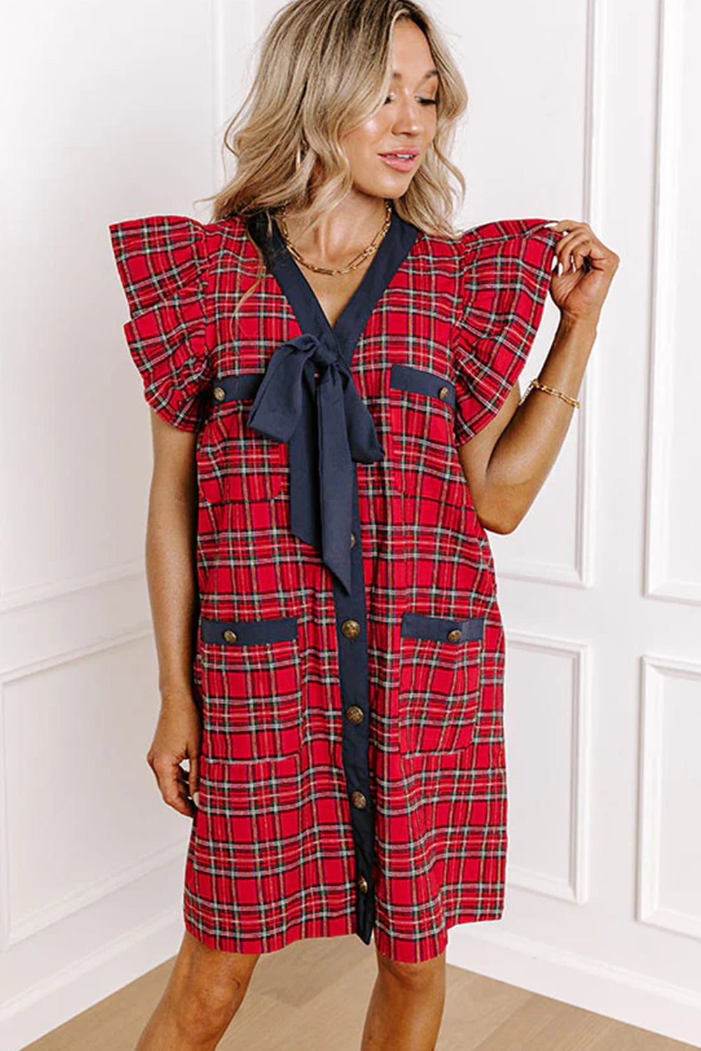Red Festive Plaid Ruffled Short Sleeve Contrast Ribbon Bow V Neck Button Down Mini Dress