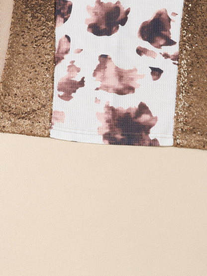 Abstract Sparkle Sequin Embellished Khaki Pullover Shirt