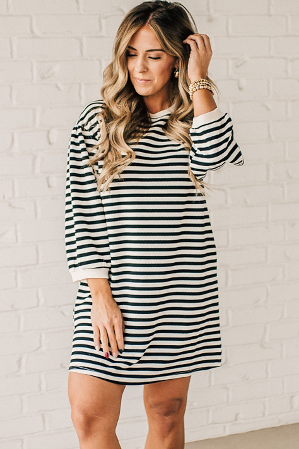 Black Stripe Puffy Bracelet Sleeve Shift Mini T Shirt Dress