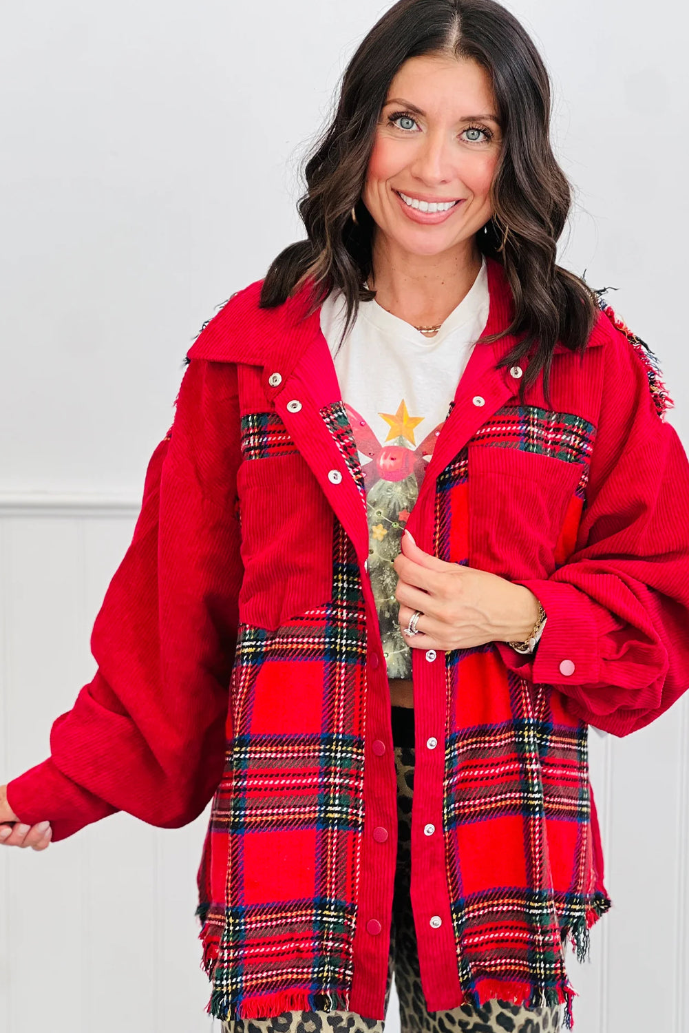 Red Plaid Tweed Corduroy Patchwork Snap Button Raw Hem Shacket