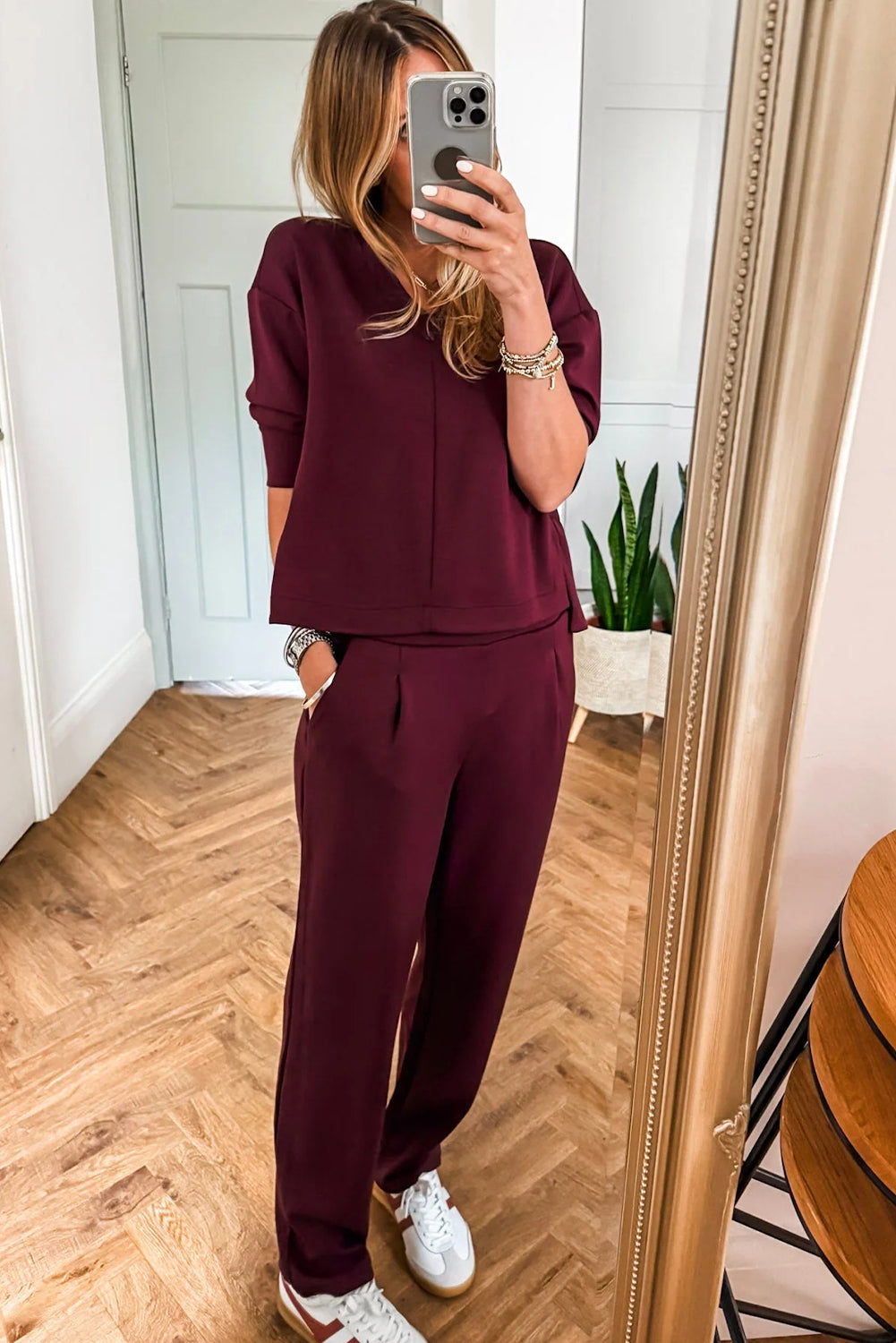 Red Dahlia Solid Color V Neck Tee Pocketed Casual Pant Set