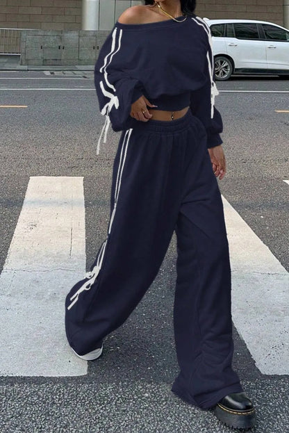 Navy Blue Varsity Striped Bow Knot Detail Cropped Top Elastic Waist Pull On Loose Pant Set