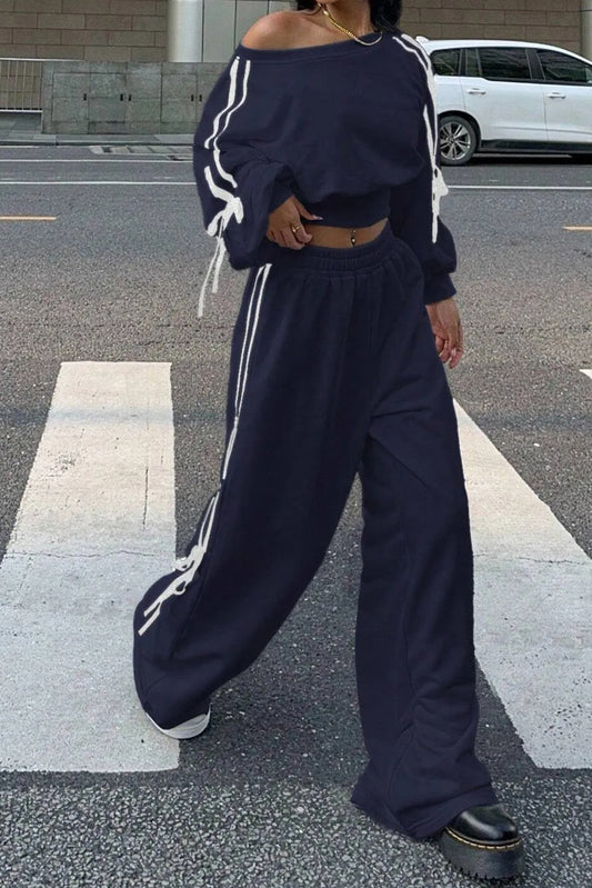 Navy Blue Varsity Striped Bow Knot Detail Cropped Top Elastic Waist Pull On Loose Pant Set