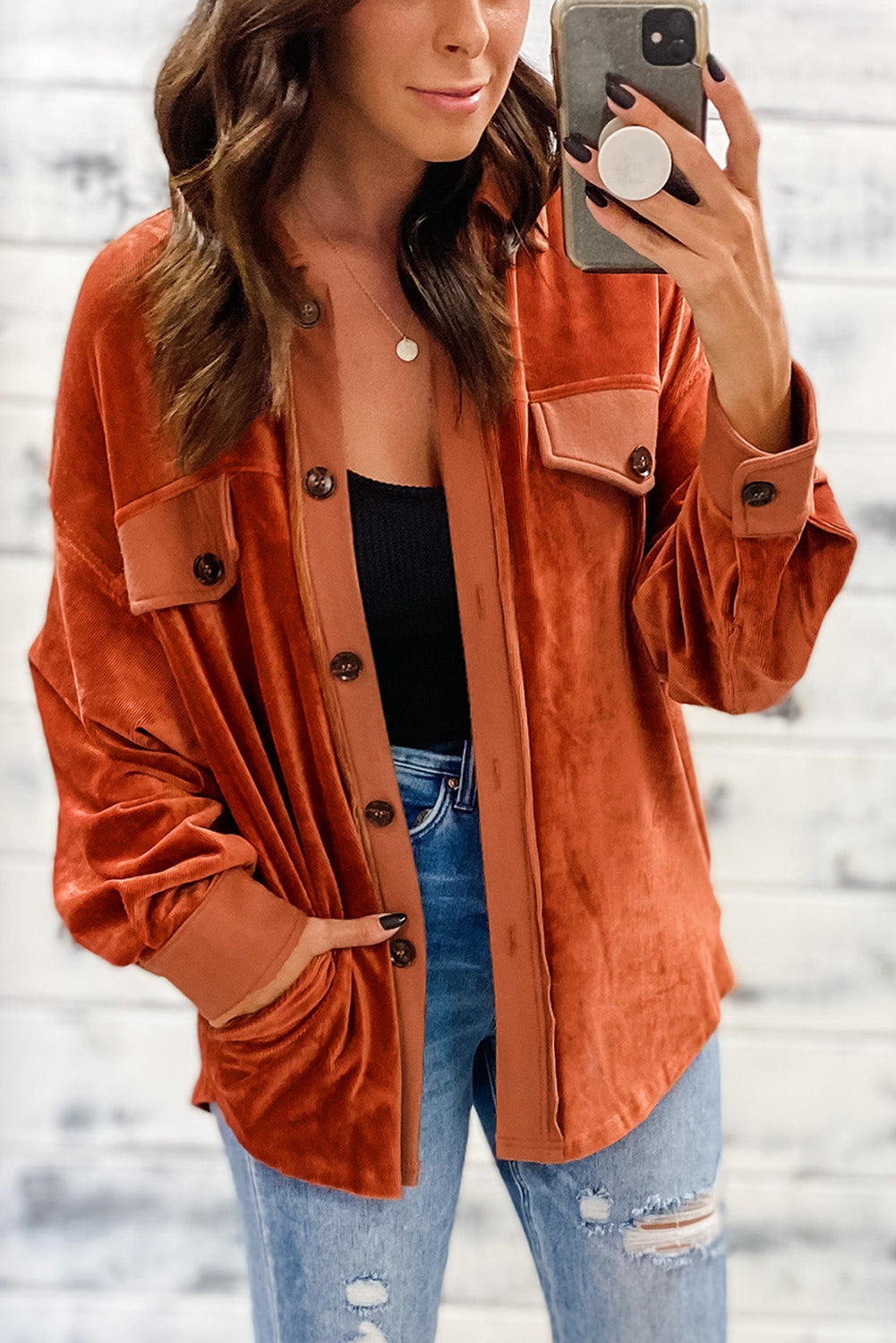 Gold Flame Velvet Flap Pockets Drop Shoulder Casual Shacket