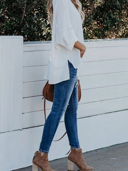 Elegant White V Neck High Low Hem Blouse