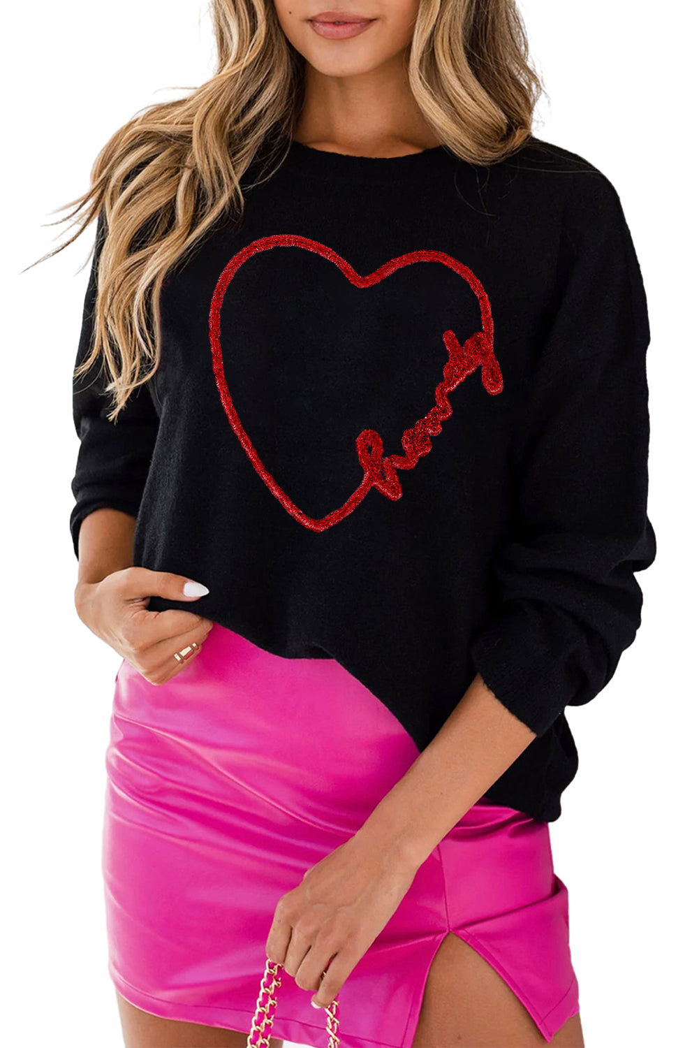 Heartfelt Black Graphic Round Neck Sweater
