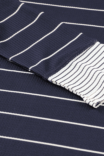 Navy Blue Striped Color Block Buttoned Waffle Knit Shirt