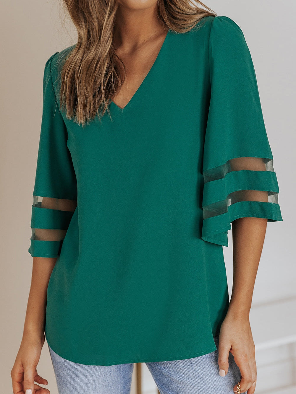 Green Sheer Flare Sleeve V Neck Casual Blouse
