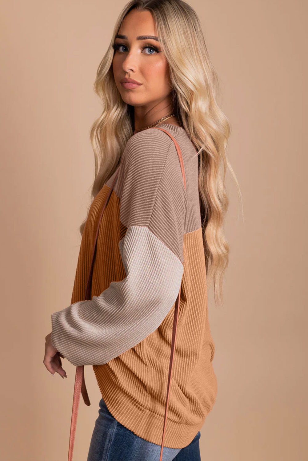Khaki Color Block Ribbed Top with Long Sleeves