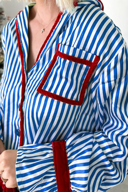 Blue Stripe Contrast Velvet Trim Bow Knot Waist 2pcs Pajama Set