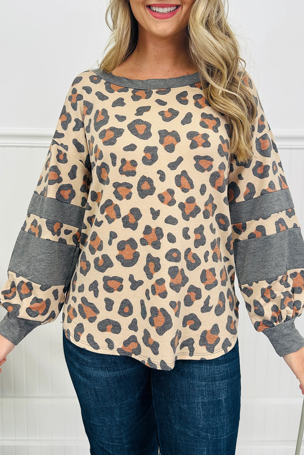 Beige Leopard Print Drop Shoulder Color Block Long Sleeve Top