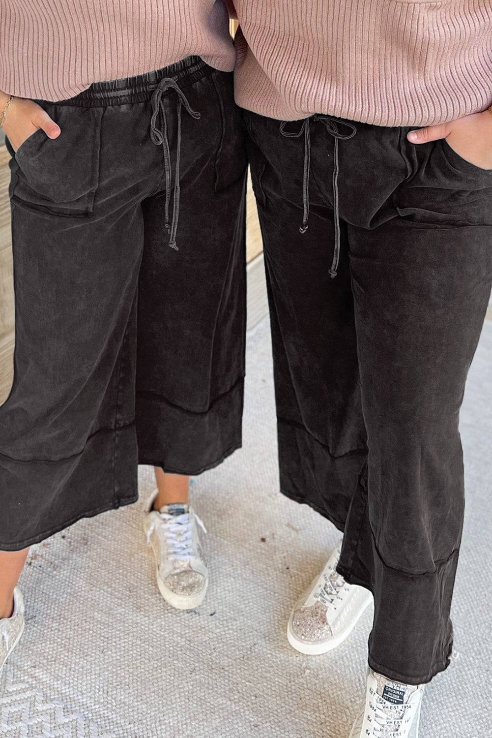 Midnight Mineral Wash Wide Leg Capri Pants with Exposed Seams