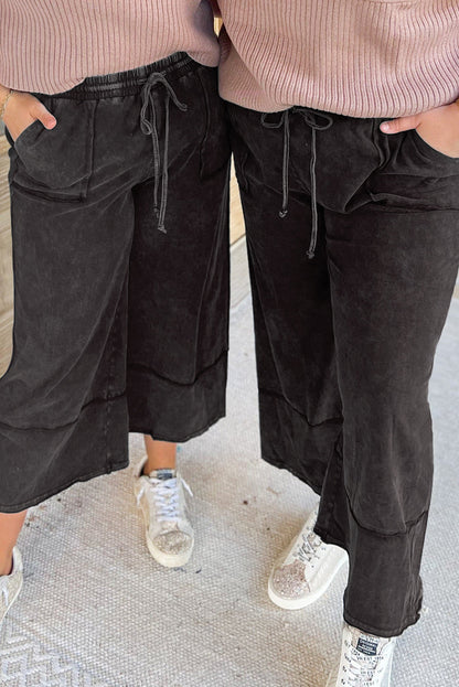 Midnight Mineral Wash Wide Leg Capri Pants with Exposed Seams