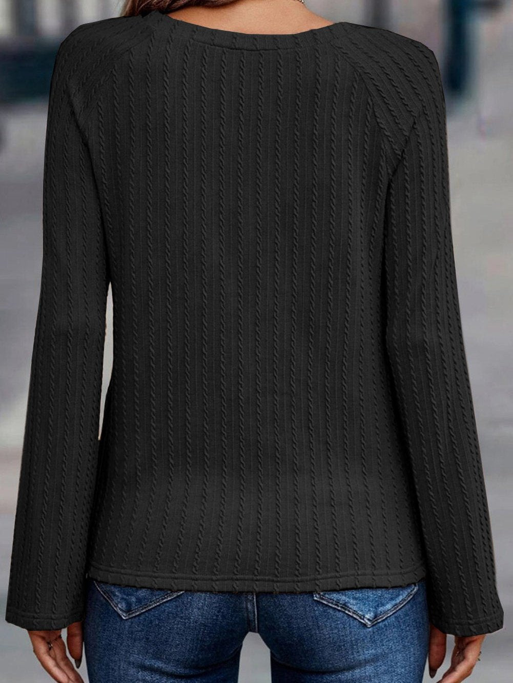 Elegant Black Ribbed Round Neck Long Sleeve Top