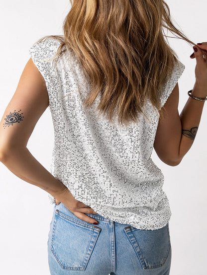 Apricot Sparkle Sleeveless Top with Round Neck