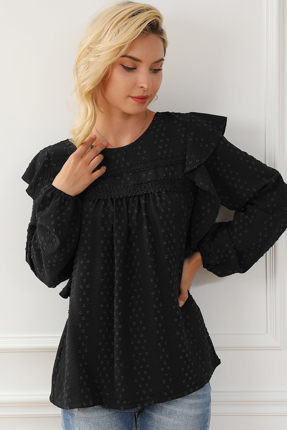 Elegant Black Lace Eyelet Ruffle Sleeve Blouse for Fall