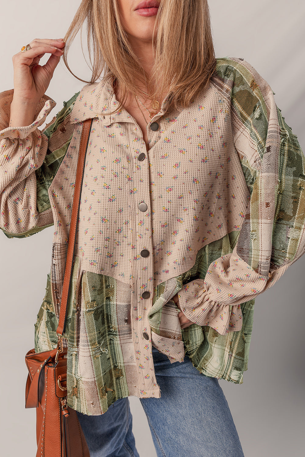 Mist Green Boho Floral Plaid Patchwork Distressed Detail Ruffled Sleeve Waffle Knit Shacket