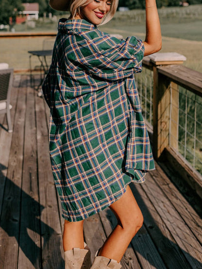Green Plaid Oversized Tunic Shirt with Half Sleeves
