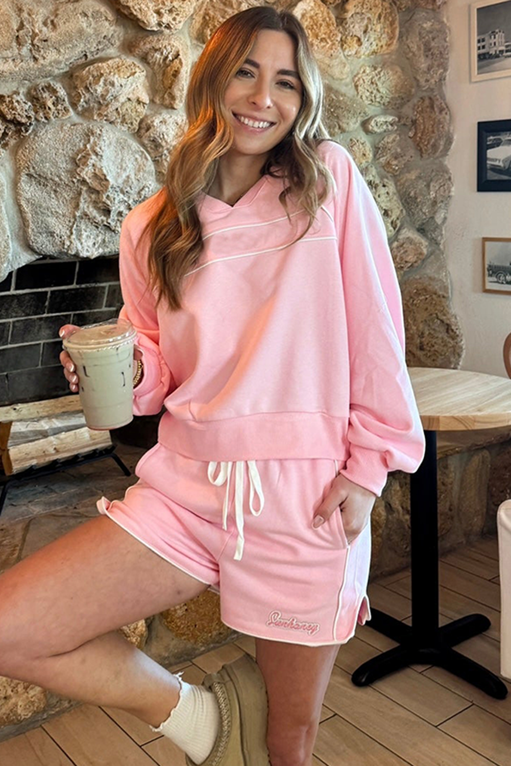 Light Pink Contrast Trim V Neck Pullover Top and Drawstring Shorts Set