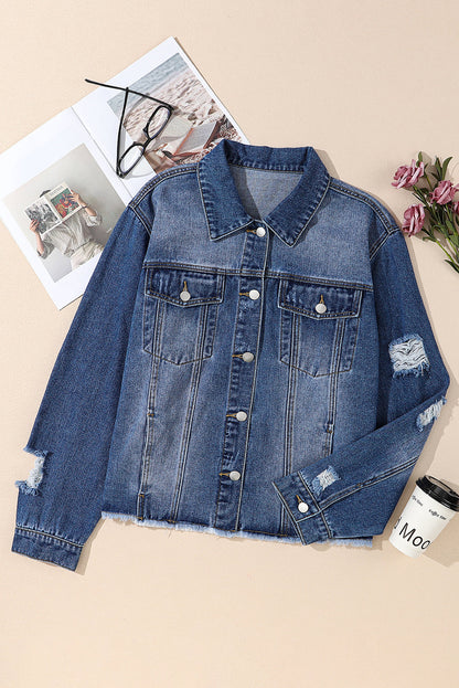 Stylish Plus Size Navy Distressed Denim Shacket