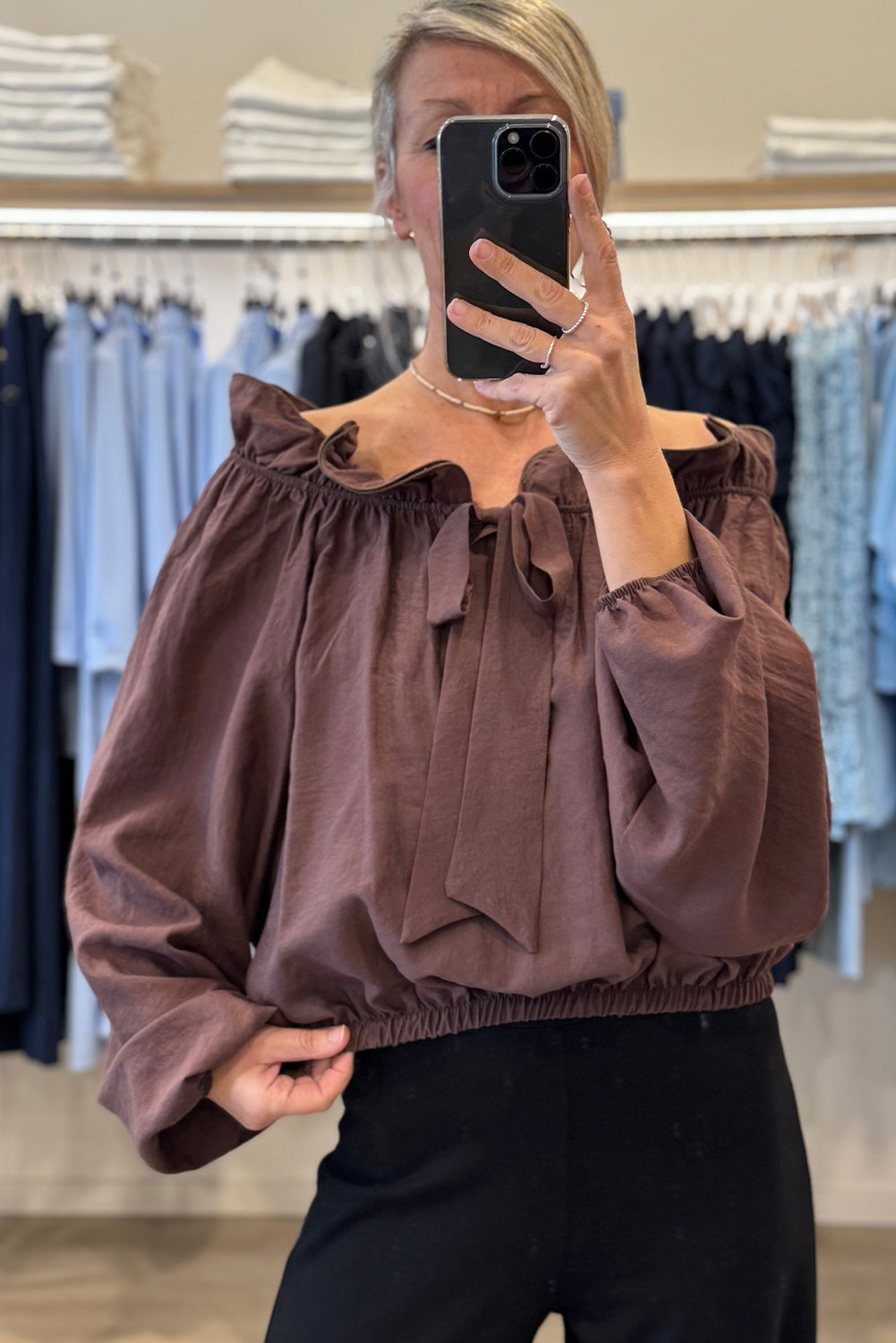 Wild Ginger  Knot Front Frilled Off Shoulder Long Sleeve Blouse