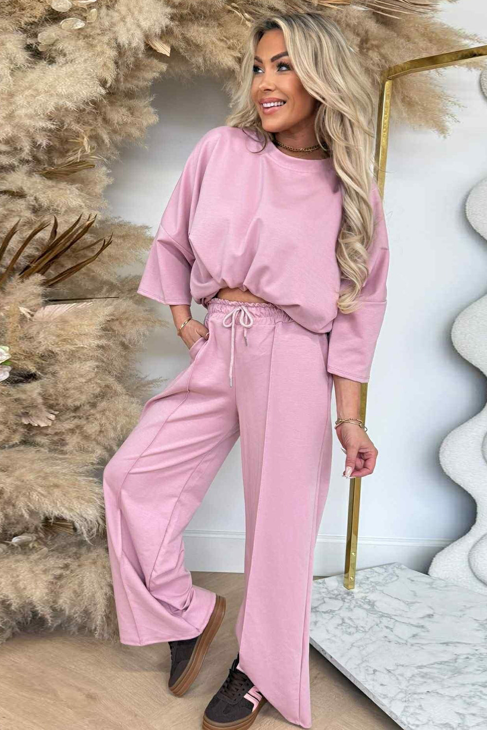 Pink 3/4 Sleeve Loose Top Drawstring Wide Leg Pant Set