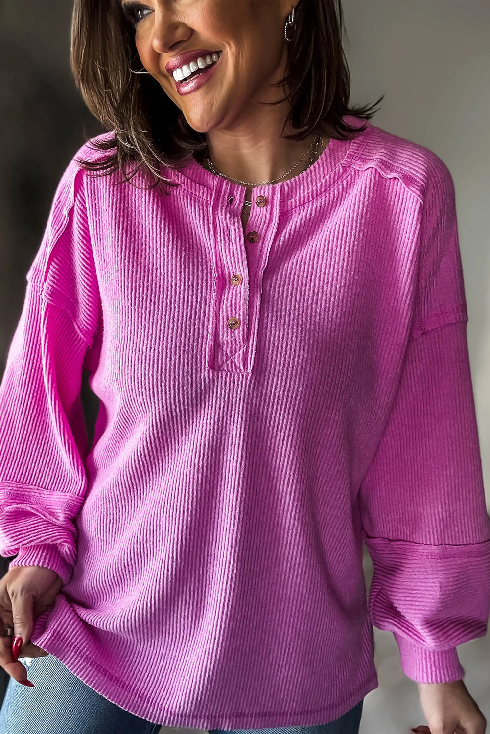 Sachet Pink Brushed Ribbed Knit Exposed Seam Drop Shoulder Henley Top