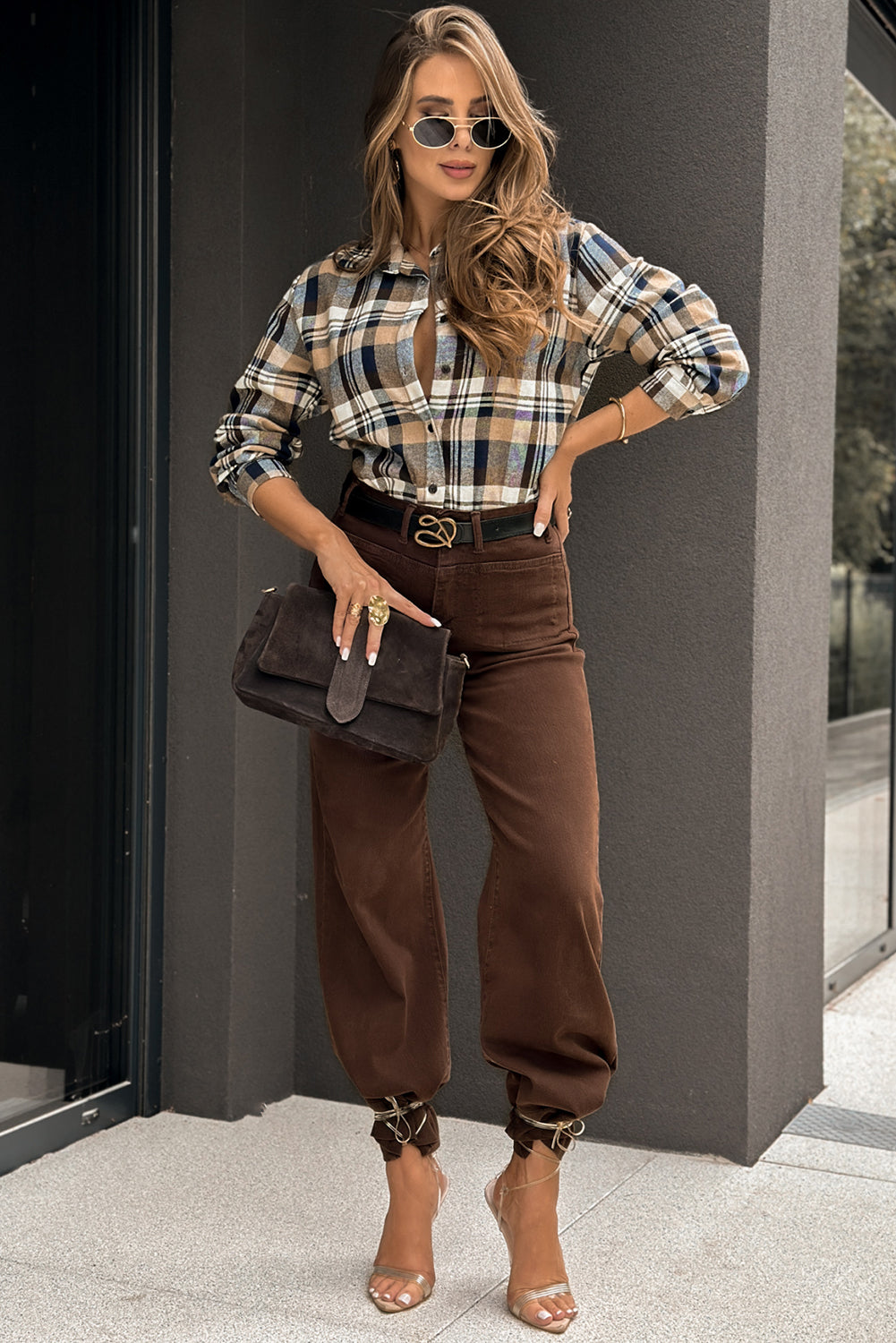 Parchment Cowgirl Fashion Plaid Long Sleeve Shirt