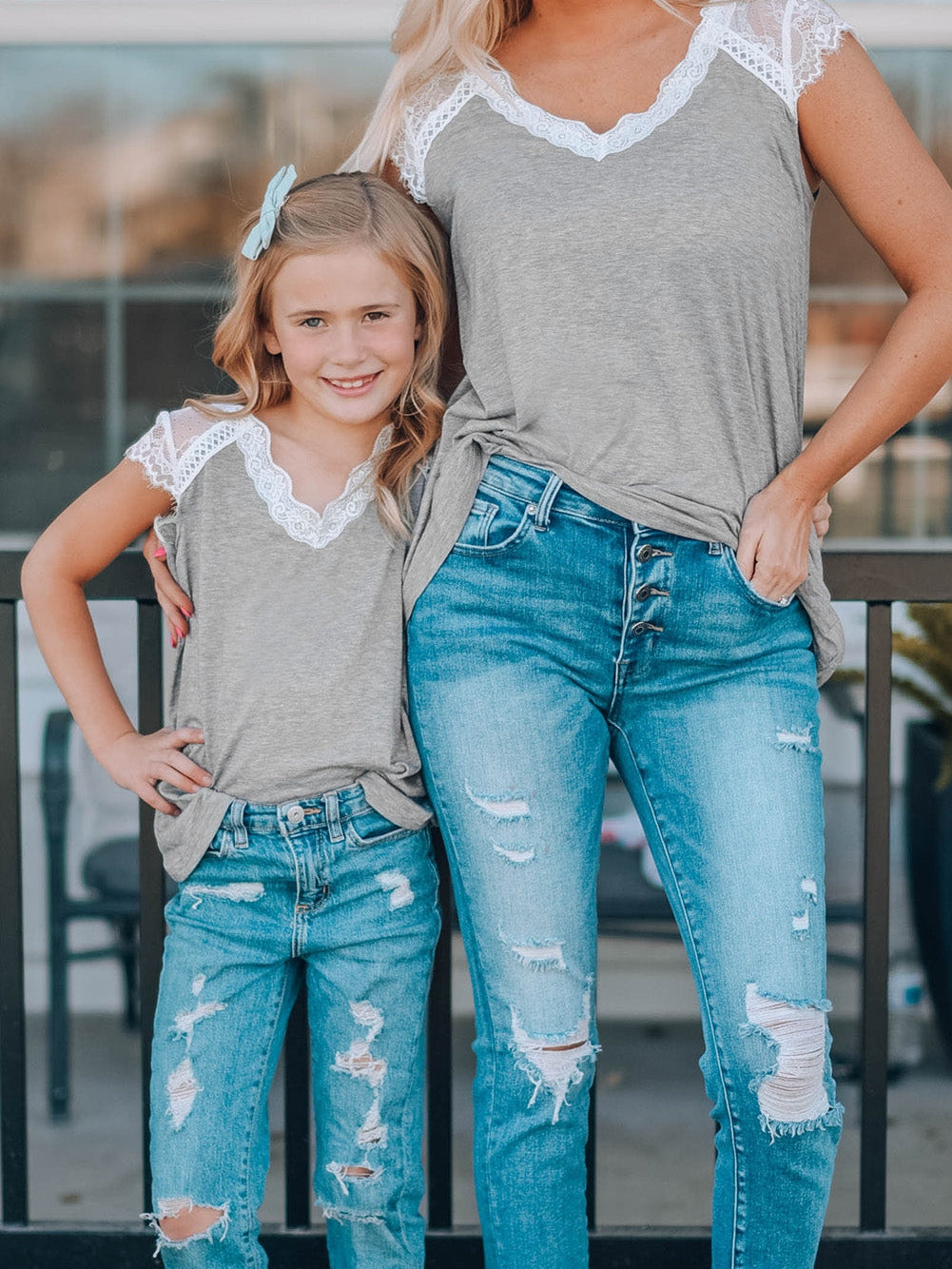 Gray Knit Lace Detail Cap Sleeve Top