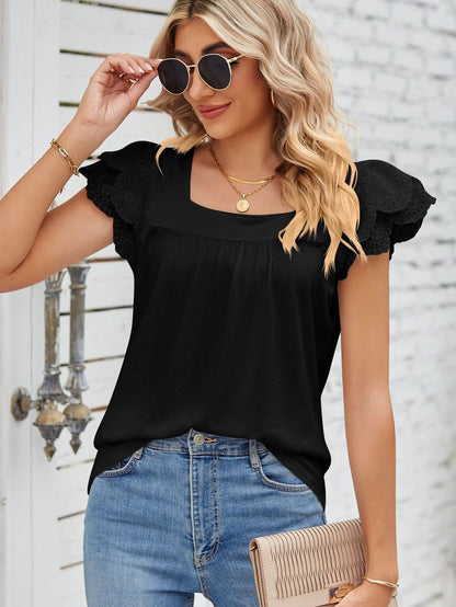 Elegant Black Square Neck Top with Ruffle Sleeves