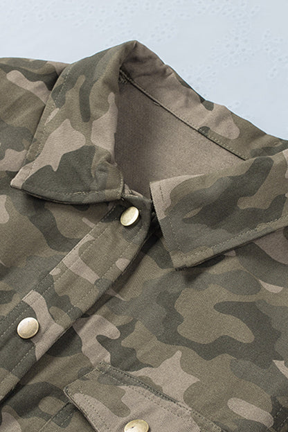 Green Camouflage Print Utility Jacket with Button Closure and Multiple Pockets