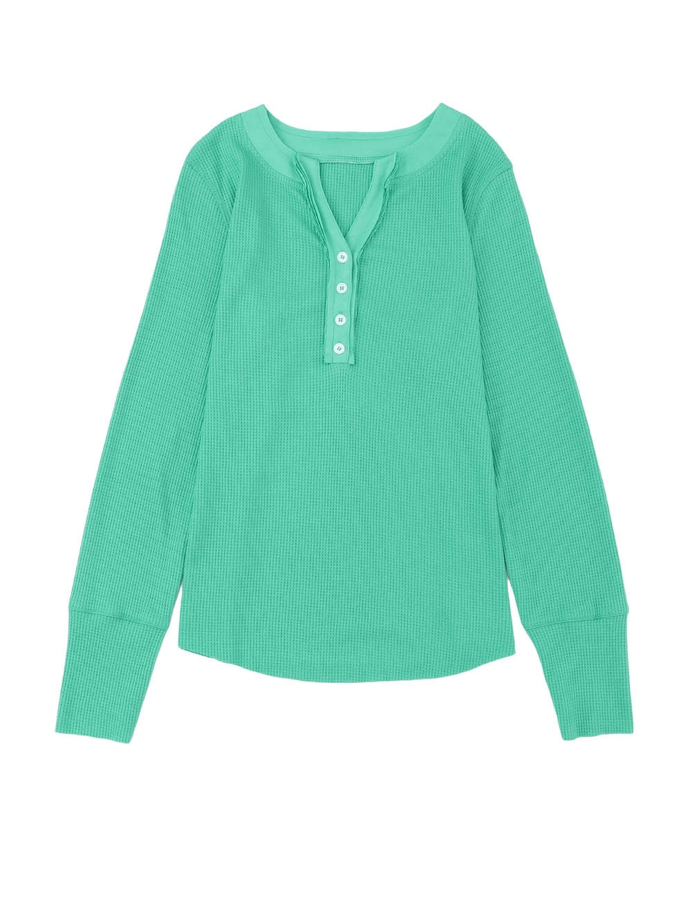 Green Button-Up Waffle Knit Henley Top