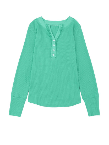 Green Button-Up Waffle Knit Henley Top