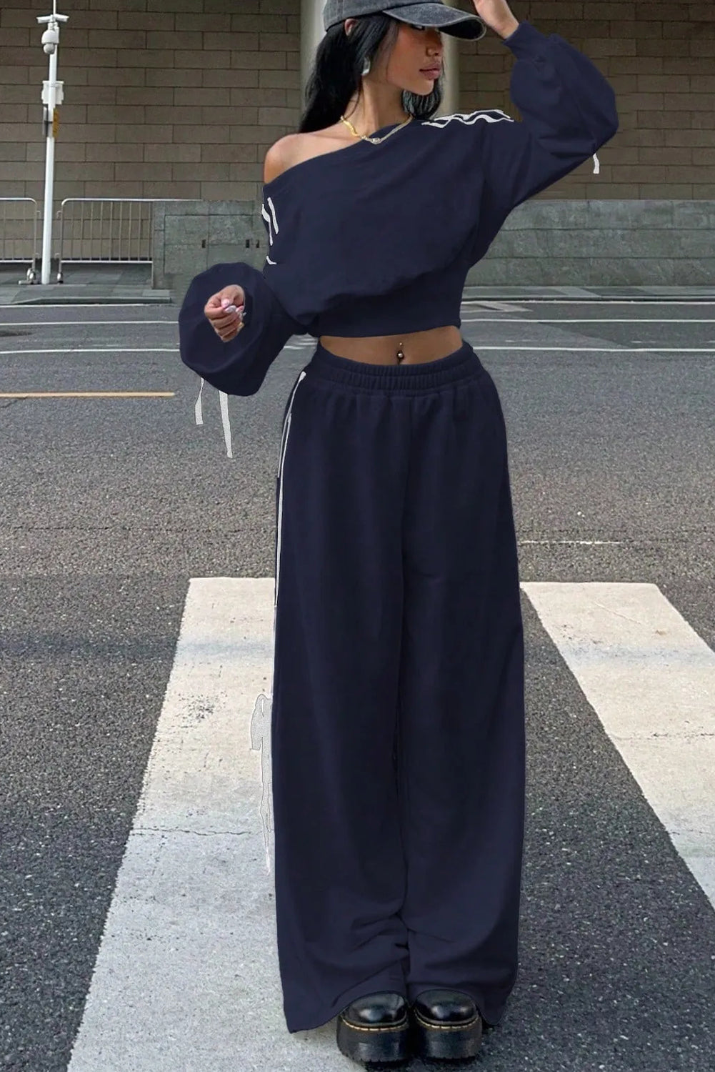 Navy Blue Varsity Striped Bow Knot Detail Cropped Top Elastic Waist Pull On Loose Pant Set